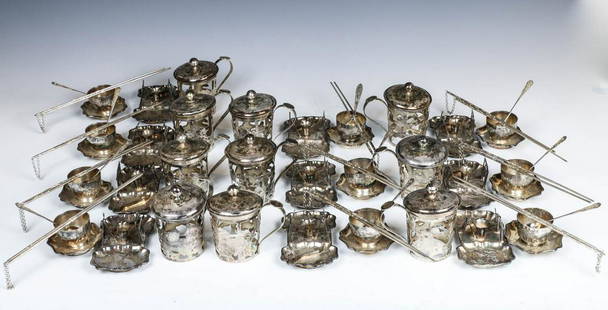 SET OF 70 CHINESE SILVER TABLEWARES, QING: The group comprising of total seventy pieces silver wares including 10 sets of the teacup with cover, 10 sets of chopsticks, 10 sets of teawares and 10 sets of chopsticks stand. Total Weight approx. 2