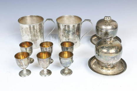 SET OF 10 CHINESE SILVER TABLEWARES, QING: The group comprising of a total of ten silver pieces, including two teacups, six wine cups, and two bowls. Total Weight approx: 1049 grams