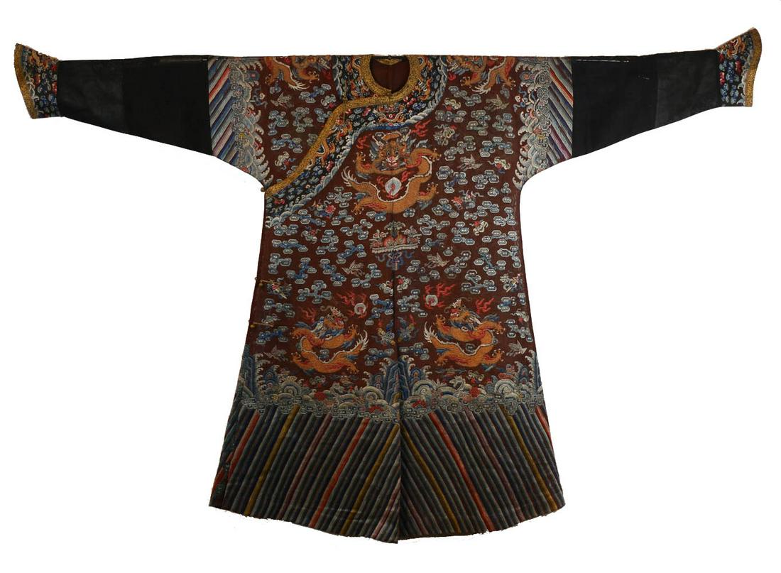 BROWN-GROUND EMBROIDERED SILK DRAGON ROBE, 19TH C. (1 of 15)