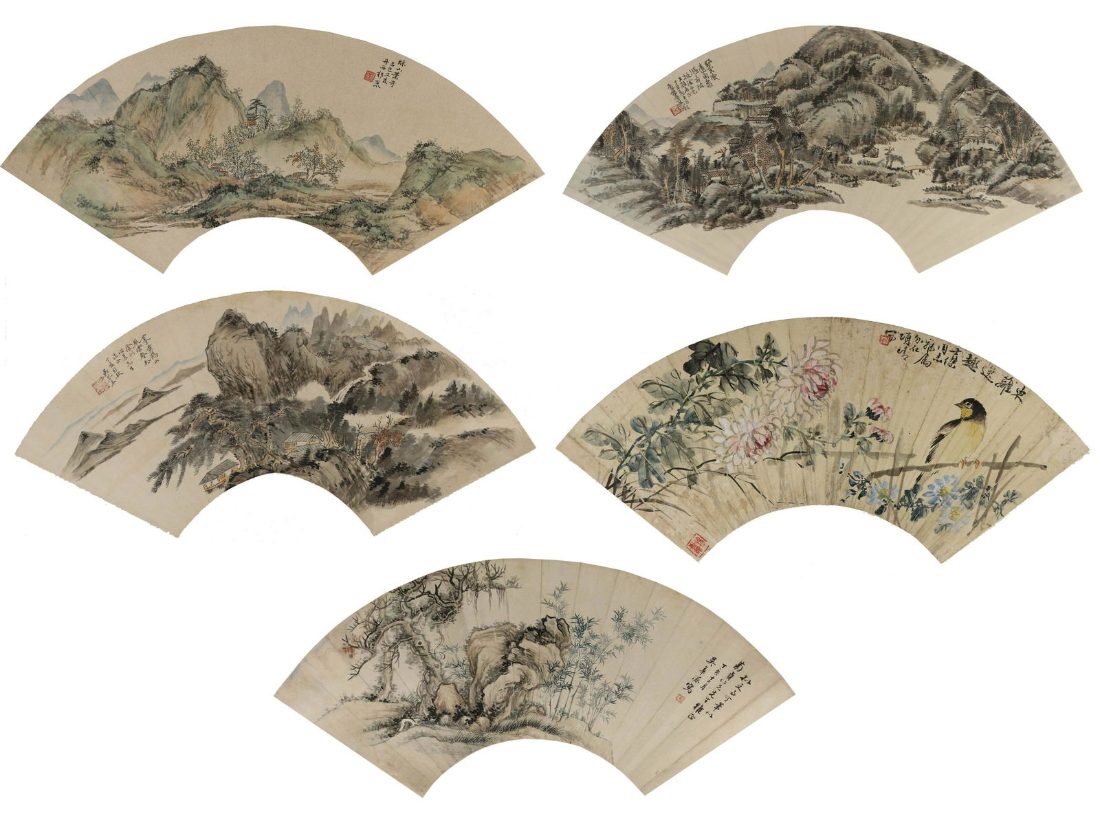 QI JINGXI,WU QINMU,WU HUAYUAN,WU ZHENG, XIANG JIES: All color on paper,painted landscapes and bird, all with artists' signatures and seal marks.QI JINGXI (1901-1944) WU QINMU (1894-1953) WU HUAYUAN (1893-1972) WU ZHENG (1878-1949) XIANG JIESHI(1893-196