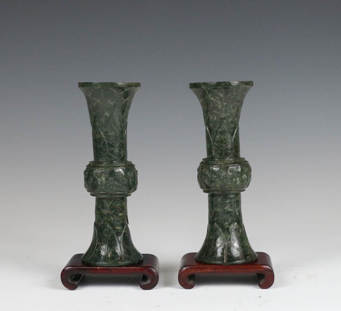PAIR OF SPINACH GREEN JADE GU FORM VASES, MID 20TH (1 of 8)
