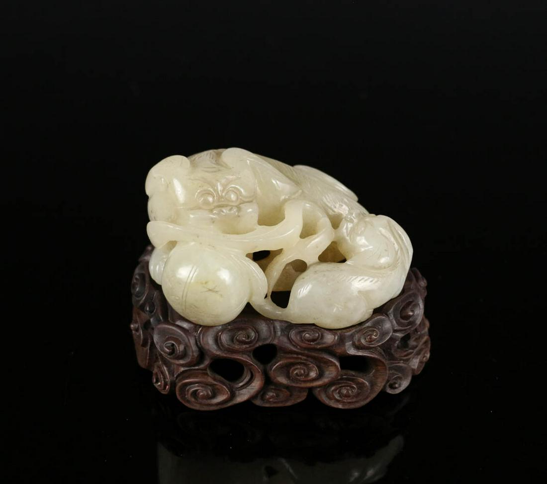 CELADON  JADE CARVED LIONS WITH STAND (1 of 9)