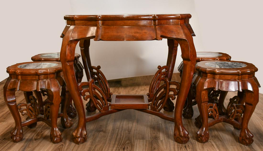 A Marble Inlaid Hardwood Table Four Stools 20thC (1 of 10)