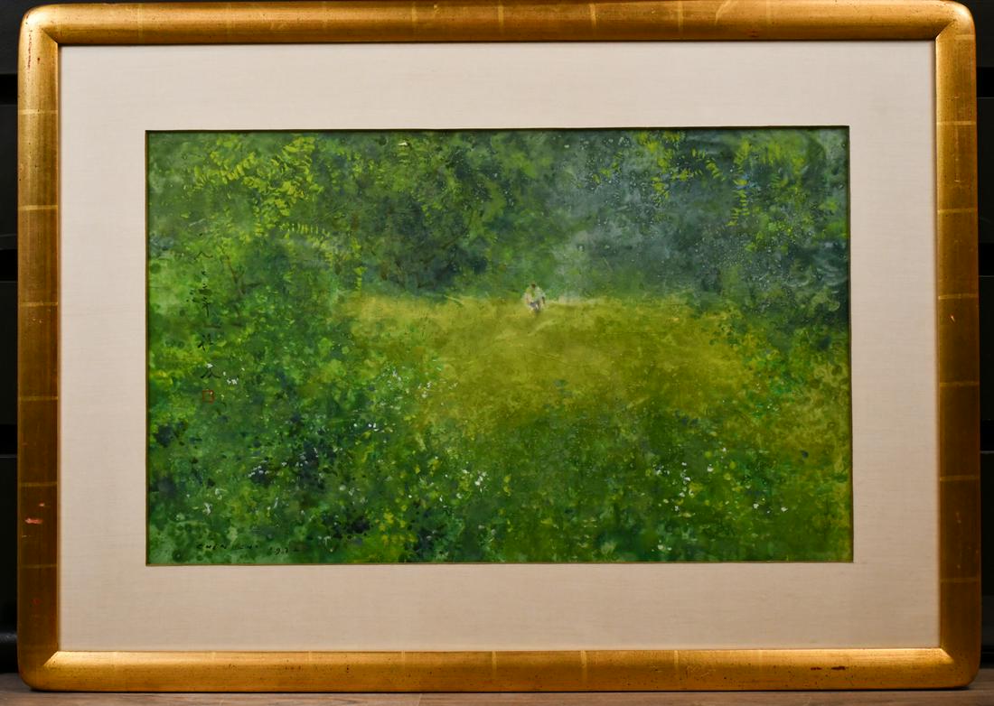 Cheng Chi (1912-2005) Spring w/Frame: Spring, watercolor on paper, signed Chen Chi 1972, one red seal mark, framed, painting size: 65.5cm x 40.5cm, frame size: 89cm x 64cm 程及 （1912-2005）春 水彩