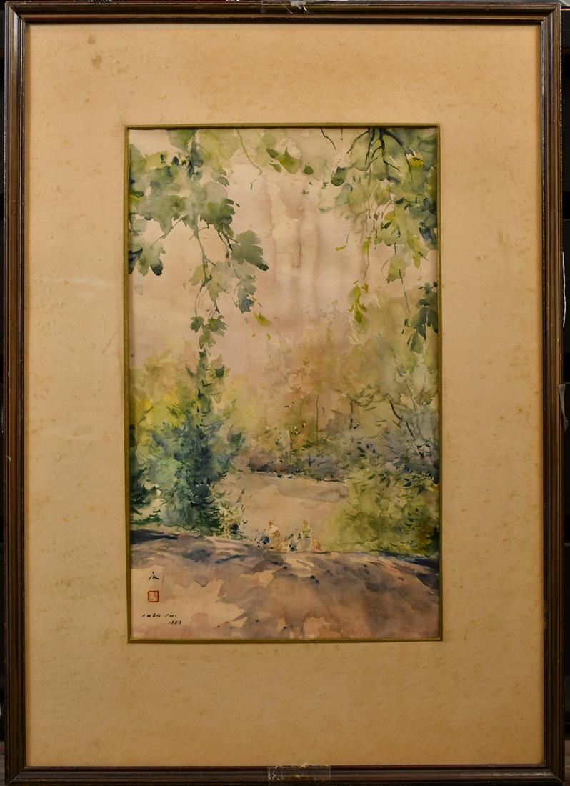 Chen Chi (1912-2005) Landscape w/Frame: Landscape, watercolor on paper, signed Chen Chi 1953, lower left, one red seal mark, framed. painting size: 30cm x 50cm, frame size: 54.5cm x 76.5cm 程及 （1912-2005）风&