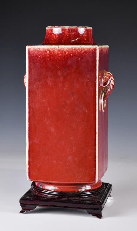 A Chinese Red Glazed Cong Vase with Stand, 19thC (1 of 11)