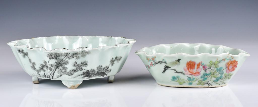 2 Chinese Lotus Leaf Shape Narcissus Basins 19thC (1 of 9)