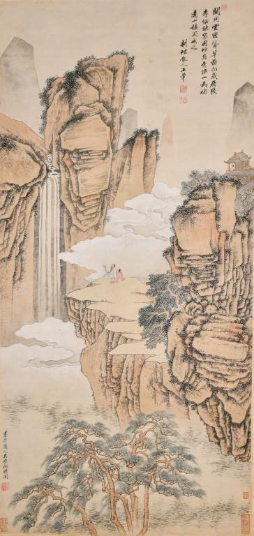 After Wang Hui (1632-1717) Wu Li (1632-1718) Lands: Color on paper, hanging scroll, depicted figures sitting in a waterfall landscape, with inscriptions and signatures, 7 seal marks, 60.4x126.7cm 王翚(1632-1717)吳曆(1632-1718)&#