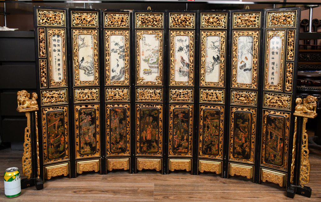 8-Panel Painting & Carved Gilt Wood Screen Republi (1 of 14)