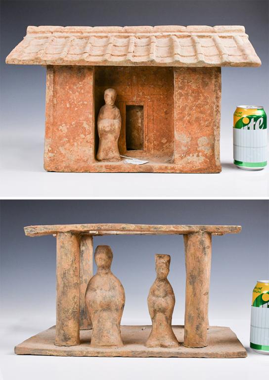 An Earthenware Model of a House and Figures, Han Dynasty: Of two stories, with moulded decoration comprising a house model of the ancient period. H: 50.5cm x L: 46.5cm Provenance: H.H. Pao's previous collection 漢 高古陶製৓
