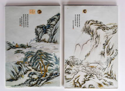 Set of 2 Famille Rose Porcelain Plaques Republican: Comprising two porcelain plaque arts, one depicted landscape, size:26.4x38.9cm; while the other one with snowing landscape scene, size 39.6x25.7cm &#27665;&#22283; &#31881;&#24425;&#23665;&#27700;&#35