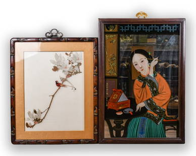 An Embroidery & A Framed Mirror: Comprising of an embroidery depicting a flowers and bird scene, 44.3cmx54.5cm; and a wood framed mirror painted with a noble lady's portrait, 44.1cmx64cm. Provenance: Estate of Gloria Wong