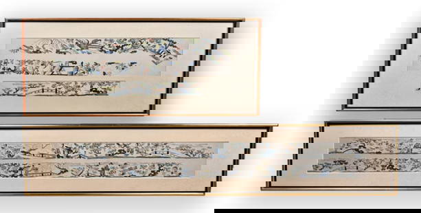 Set of 2 Embroideries Framed 19thC: Each embroidery depicted figural story with floral patterns, fine and nice work in very good condition, framed. frame size: 31x63cm; 21x113.6cm Provenance: Estate of Gloria Wong Ying-Nin (1929-2023) 1
