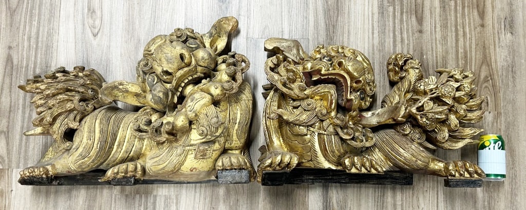 A Pair of Gilt Wood Carved Fu Lions Qing (1 of 15)