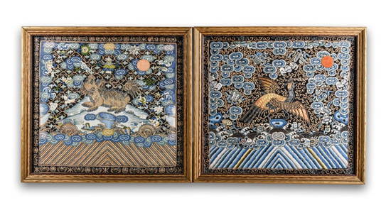 A Group of 2 Silk Embroideries Framed Qing: Comprising a Kesi and an embroidery, woven with great attention to detail in silks and gold-wrapped threads, Embroideries:29.5 x 27.8cm each; Frame: 31.8 x 33.8cm each 清 金線繡