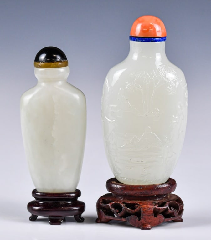 Group of 2 Jade Carved Snuff Bottles w/Std (1 of 10)