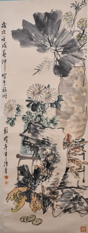 After Chen BanDing (1876-1970) Flowers Hanging Scr: Color on paper, hanging scroll, depicted a flower scene, with the author's signature and seal marks. L: 95.5cm x W: 35cm 陳半丁(1876-1970)款 花卉 掛軸