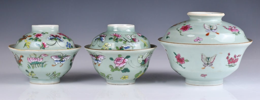 3 Famille Rose Covered Bowls 19thC (1 of 14)