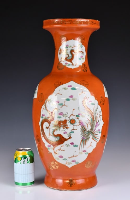 A large Iron Red Open Window Vase w/Hongxian Mk: Of baluster form, with galleried rim, around the exterior body painted with flower and bird scenes inside open windows against iron red ground, four character Hongxian mark at the bottom, H:55cm Prove