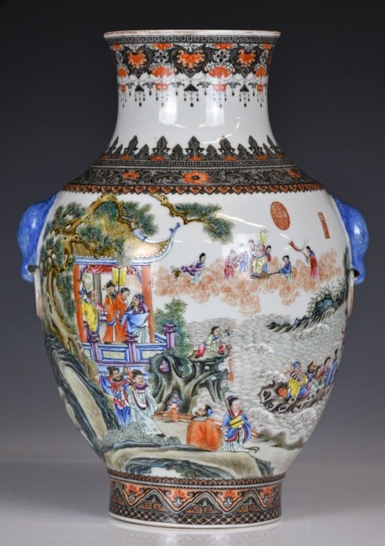 A Famille Rose Figural Vase Qianlong Mk 1950-70s: Rising from a short foot, the bulge body then connects to a waisted neck, painted on the exterior with figural story scene, marked on the base with a six-character Qianlong mark. H: 38.5cm 建