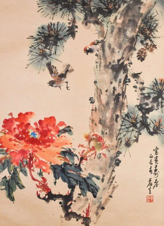 Huang Lei Sheng (1928-2011) Peony and Sparrows (1 of 8)