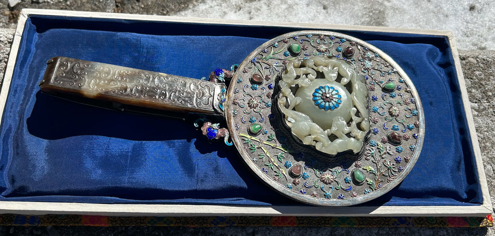 An Enameled Silver & Jade Plaque Hand Mirror w/Box (1 of 13)