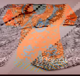 An Embroidered Dragon Robe Qing: An orange-grounded short robe with dragon embroideries. 131 x 81.5cm 清 刺繡龍紋袍 Click here for natural light