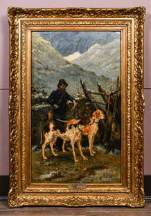 Henry John Yeend King (1855-1924) English School: Oil on canvas, framed, depicts a boy and his hounds. Painting: 35.5 x 59.8cm, Frame: 52.7 x 77cm Henry John Yeend King (1855-1924) 男孩與獵犬 佈面油