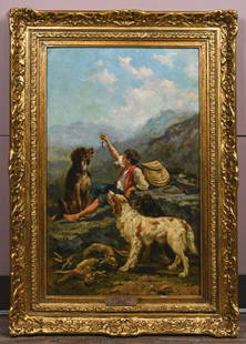 Henry John Yeend King (1855-1924) English School: Oil on canvas, framed, depicts a boy and his hounds. Painting: 36.5 x 58.4cm, Frame: 53.6 x 76cm Henry John Yeend King (1855-1924) 男孩與獵犬 佈面油