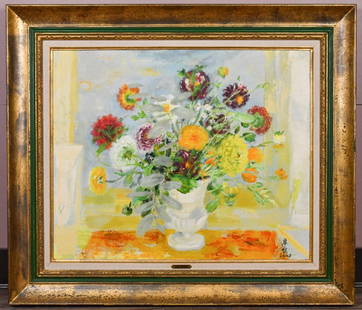 Le Pho (1907-2001) Still Life with Flowers: Oil on canvas, framed, depicted a bouquet in a white vase, signed by the artist. Painting 59.7x48.8cm, frame 79.1x68.4cm. With purchase receipt. With certificate of authenticity. This lot has been aut