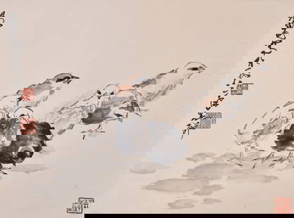Huang Zhou (1925-1997) Chicks Scroll: Ink and colour on paper, hanging scroll, depicted a brood of chicks, with the artist's signature and seal mark. 59 x 44.3cm Provenance: The collector purchased it from Jiguzhai, Hong Kong 黃