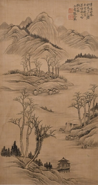 Zhang ZhiWan (1811-1897) Landscape: Ink on silk, hanging scroll, depicted landscape scene, with artist's signature and seal marks, 50.7x27.3cm Provenance: Chinese Cultural Relics Store 張之萬 (1811-1897) 山૒