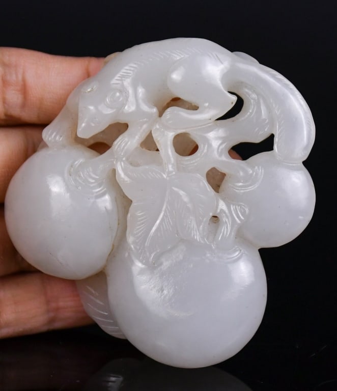 A White Jade Grape & Squirrel Ornament Qing (1 of 6)
