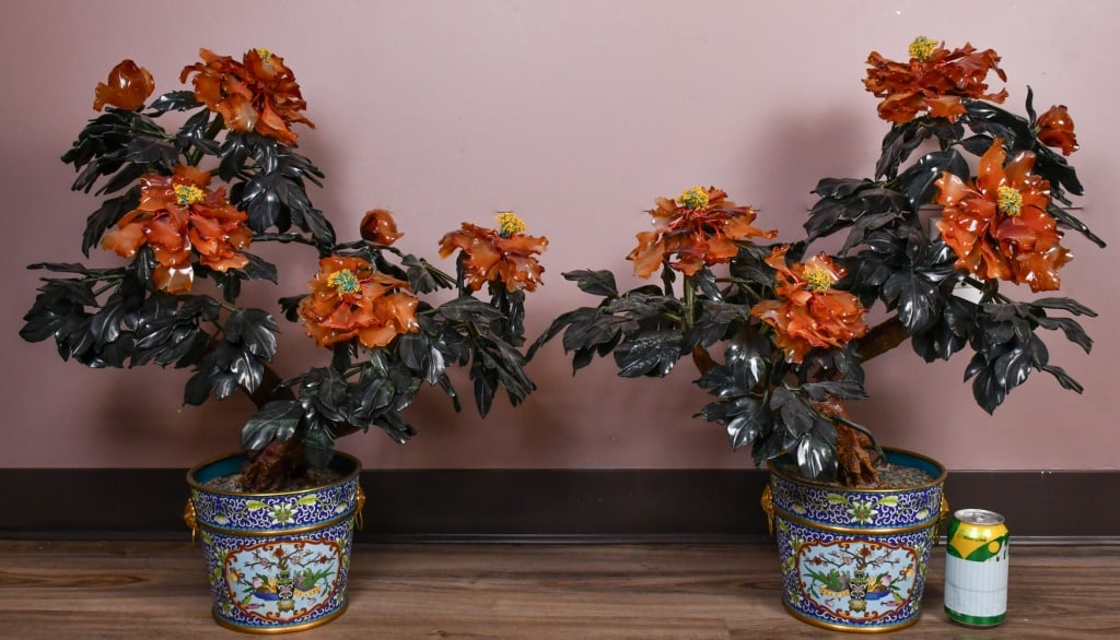 Pair of Cloisonne Potted Hardstone Plants 1950-70s