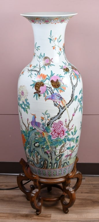 A Lrg Famille Rose Brid & Flower Vase w/Std 19thC: Of baluster form, exterior body nicely painted with pomegranate tree, peonies and a pair of pheasants, H:89cm. Comes with a matching wood stand 19世紀