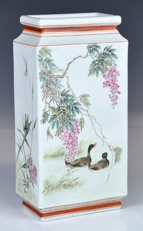 A Famille Rose Square Vase w/Mk 1950-70s: Rectangular, raised on a stepped foot and surmounted by a conforming rectangular neck with an everted rim, painted to one side with a bird alighting amidst blossoming branches, the reverse with a pair