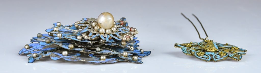 Set of 2 Cloisonne Floral Hairpins 19thC - 3