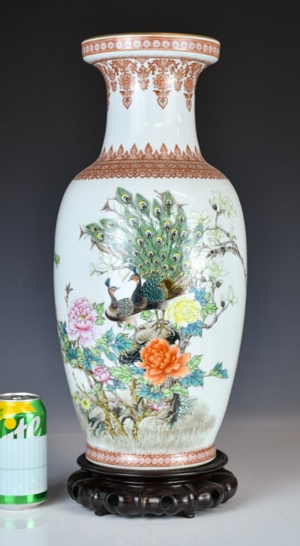 A Famille Rose Vase w/QianLong Mk 1950-70s: Of baluster form, with a galleried mouth rim, front of the body painted with intricate patterns of flowers and birds, while the back written with inscription, six character QianLong mark at the bottom