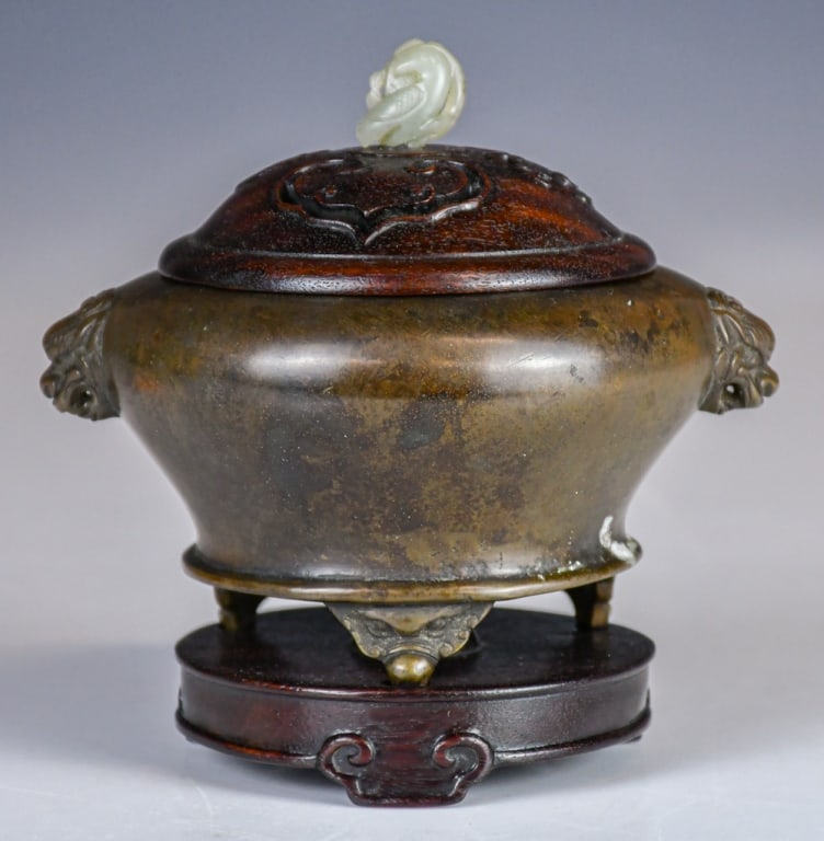 A Bronze Tripod Incense Burner w/Cover &Std Qing (1 of 16)