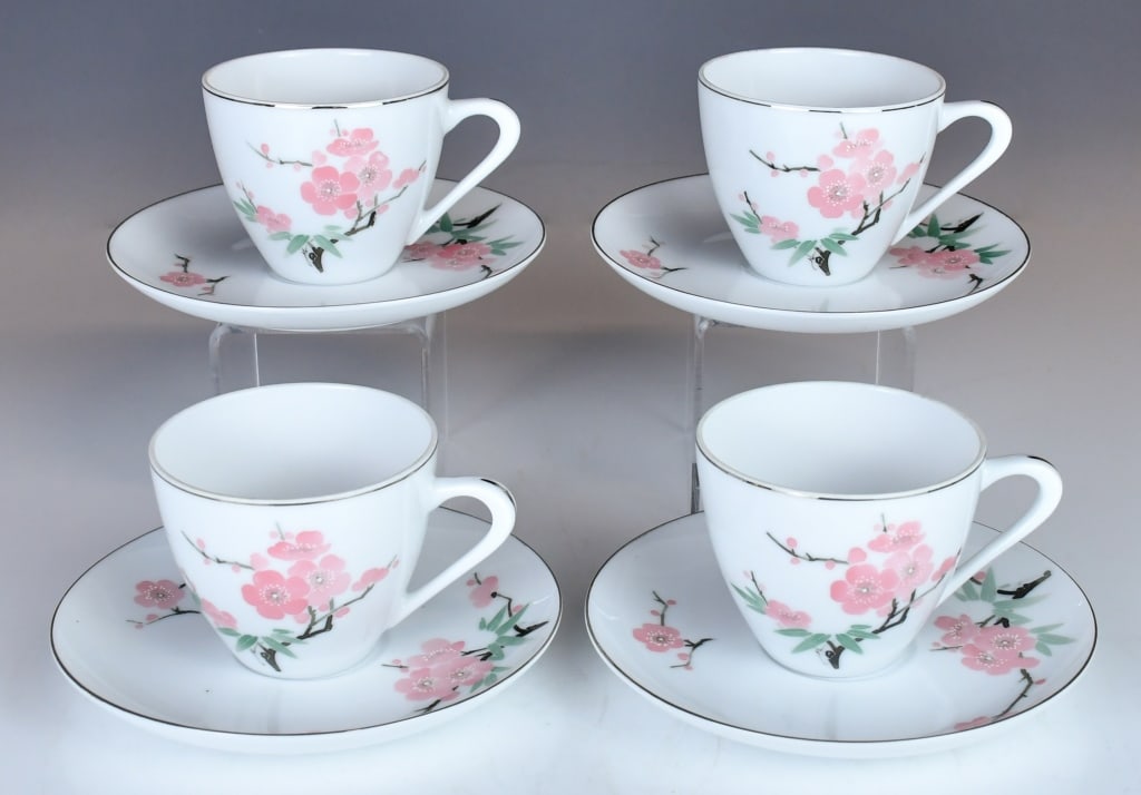 Set of 4 LiLing Klin Teacups 1950-70s: Each set comprised with a teacup and a saucer, decorated with prunus pattern, the teacup H:7.5cm, saucer D:15.6cm Provenance: Purchased by Hong Kong immigrants from The Chinese Arts & Crafts in