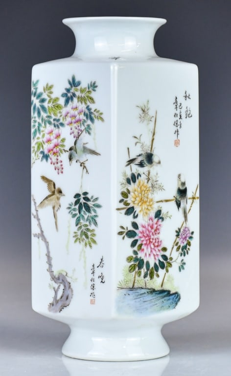 Zhang ShiBao (1909-1987) A Famille Rose Cong Vase: Of cong form, each side is decorated with birds and flowers, as well as inscriptions and mark seals, the base with the maker抯 mark. H:23.8cm Provenance: Purchased by Hong Kong immigrants