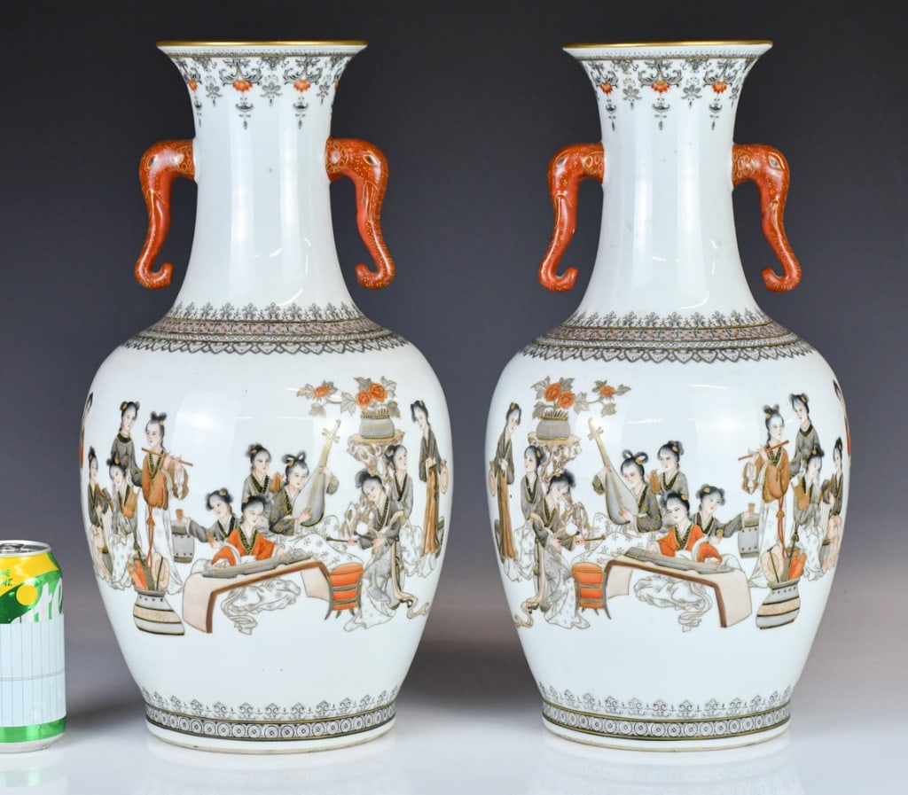 Pair of Grisaille & Iron Red Enameled Vases 60-80s (1 of 13)