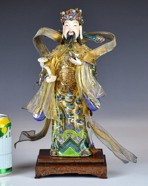 Gilt Silver Enamel Wenchang Emperor Statue 50-70s: A golden status of Wenchang Emperor, with enamel details and gemstone-inlaid decorations, H:30cm Provenance: Purchased by Hong Kong immigrants from The Chinese Arts & Crafts in the 1990s. 