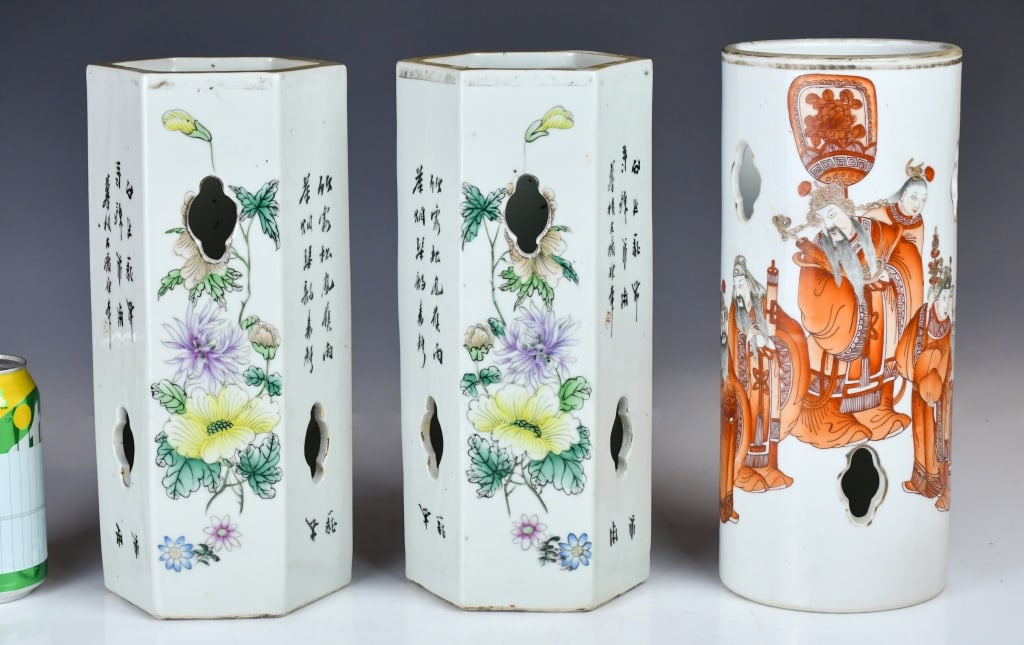 Group of 3 Pcs Hat-Stand Vases w/Mks 19thC: Comprising a pair of hexagonal hat stands painted with female figures in garden scenes with inscriptions, H:27.5cm each; together with a cylindrical iron-red hat stand decorated with figural scene, H: