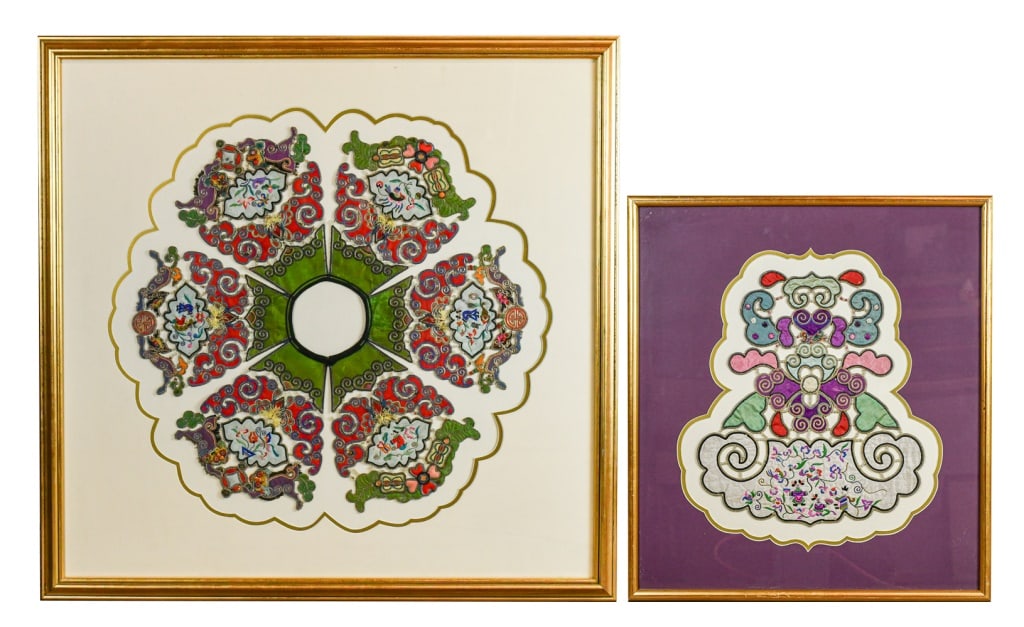 A Group of 2 Embroidered Cloud Collar Panels Qing: Comprising two embroidered Yunjian panels worked in coloured silk threads, both mounted and framed. Larger frame size: 86.2x84.1cm 清 刺繡雲肩掛屏