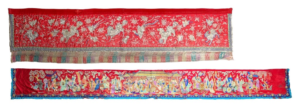 2Pcs Gold & Silver Embroidered Canopies 19thC: Comprising two large canopies, one in figural story theme 509x54.6cm, the other one in dragon and phoenix theme, 404.5x94.5cm 19世紀