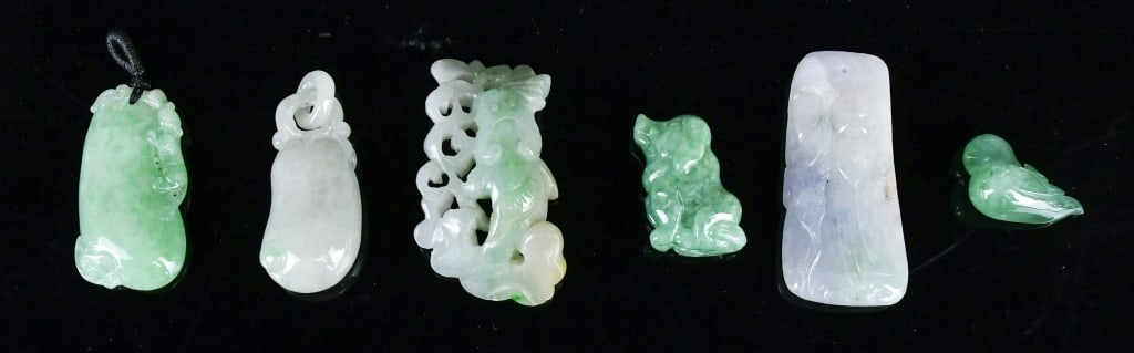 Group of 6Pcs Jadeite Pendants & Carvings: Comprising 4 jadeite pendants in various colors and shapes, 2 jadeite carved animals, the largest :5x2.8cm 