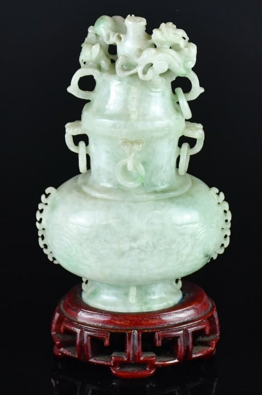 A Jadeite Carved Covered Vase w/Std (1 of 11)
