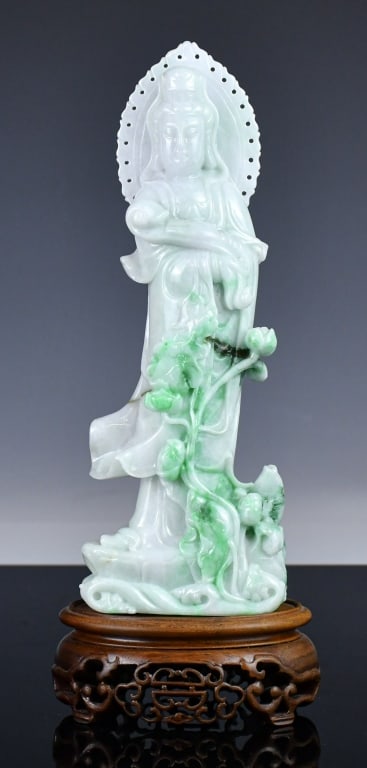 A Jadeite Carved GuanYin Statue w/Std 20thC (1 of 13)
