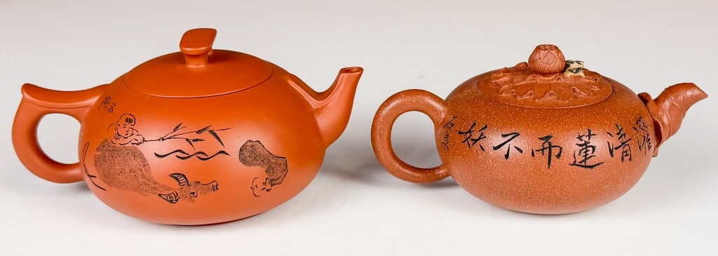 Group of 2 Incised Zisha Teapots (1 of 10)
